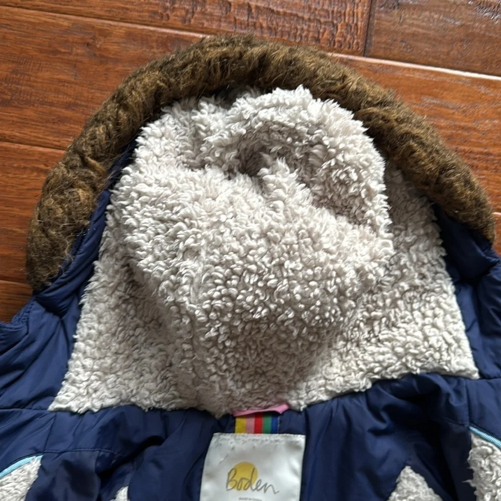 Boden Longline Quilted College Navy Puffer Waterproof Parka Coat, Kids Size 6/7